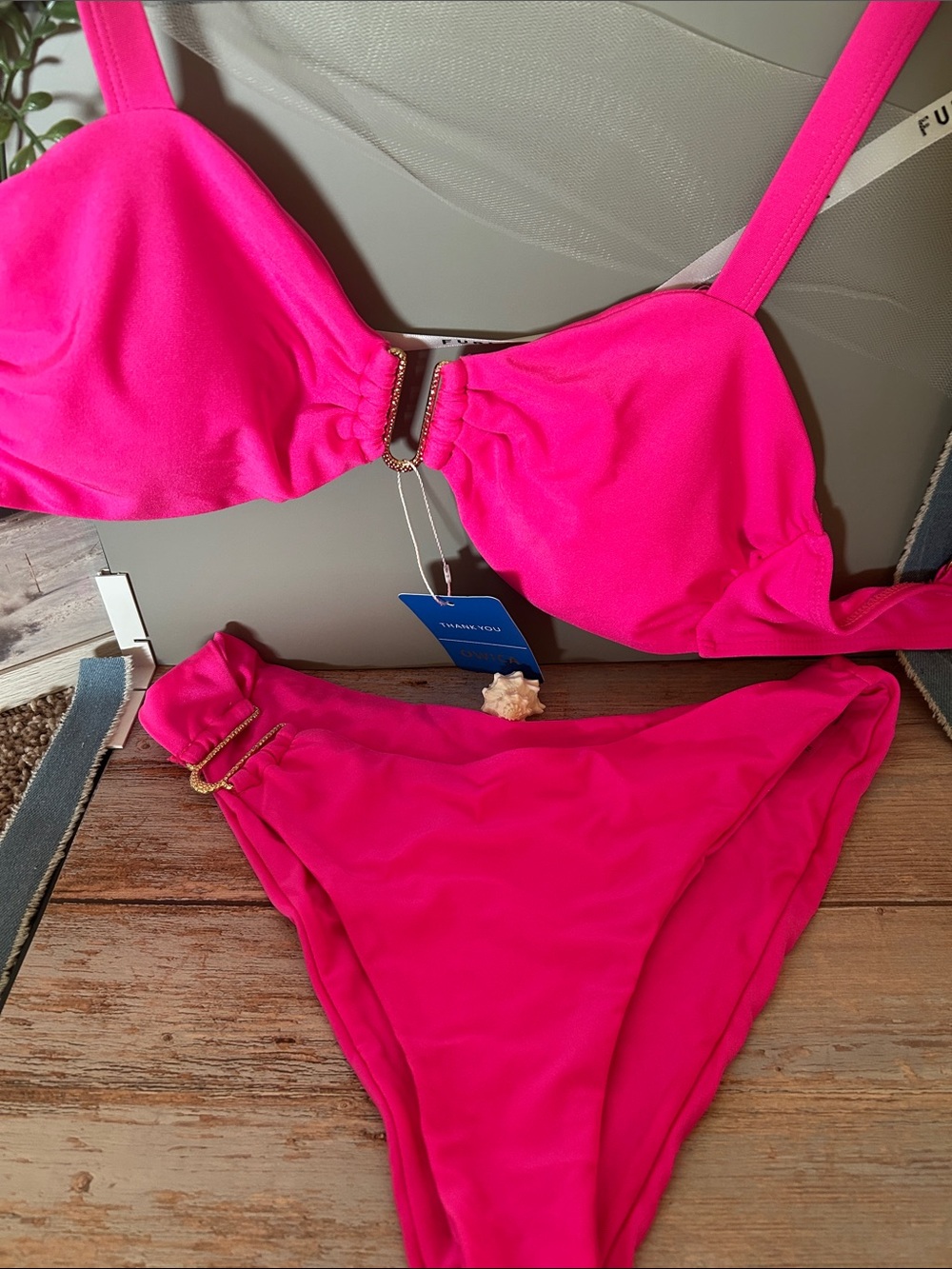 Bright Pink with gold accent high cut cheeky bikini, shoulder straps top